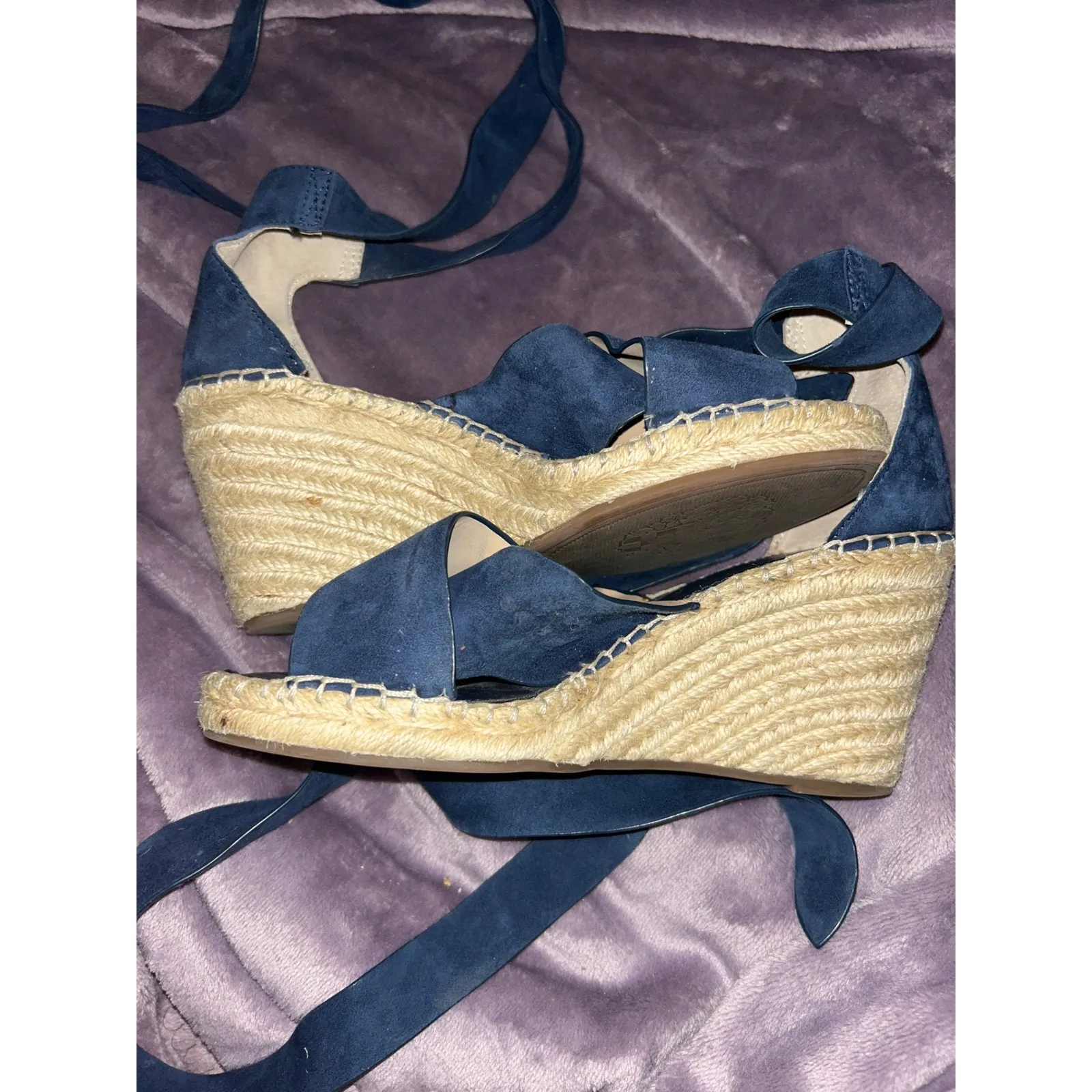 Vince‎ Camuto Blue Suede Leather Espadrille Lace Up Wedge Sandals - Image 2