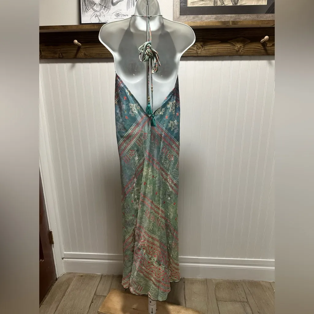 Geometric silk blend Maxi Dress unbranded unsized Coachella boho festival beach Blue Size undefined - Image 2