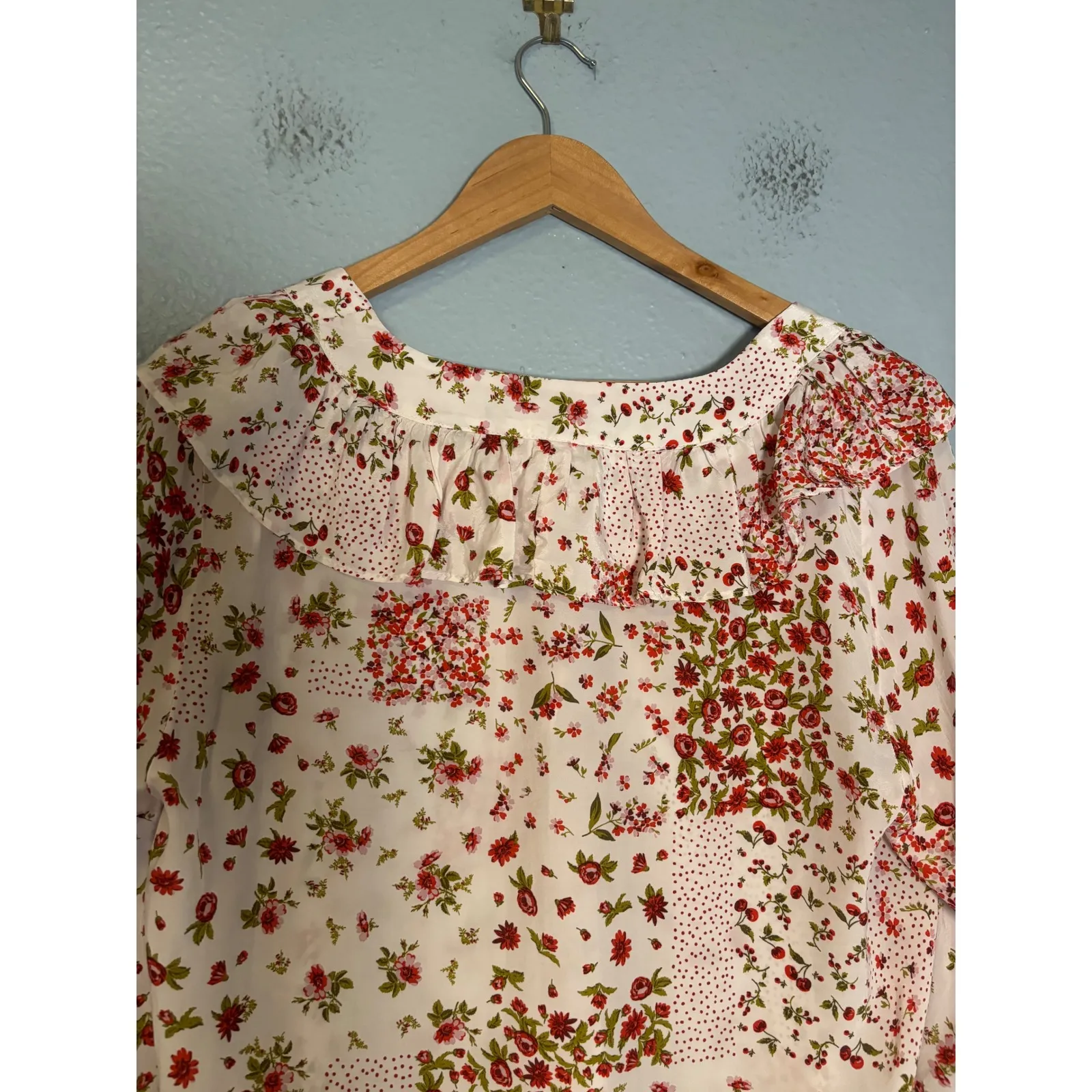 Zara Women's Patchwork Print Ruffle Shirt White Red Rose & Cherry Print Coquette - Image 9