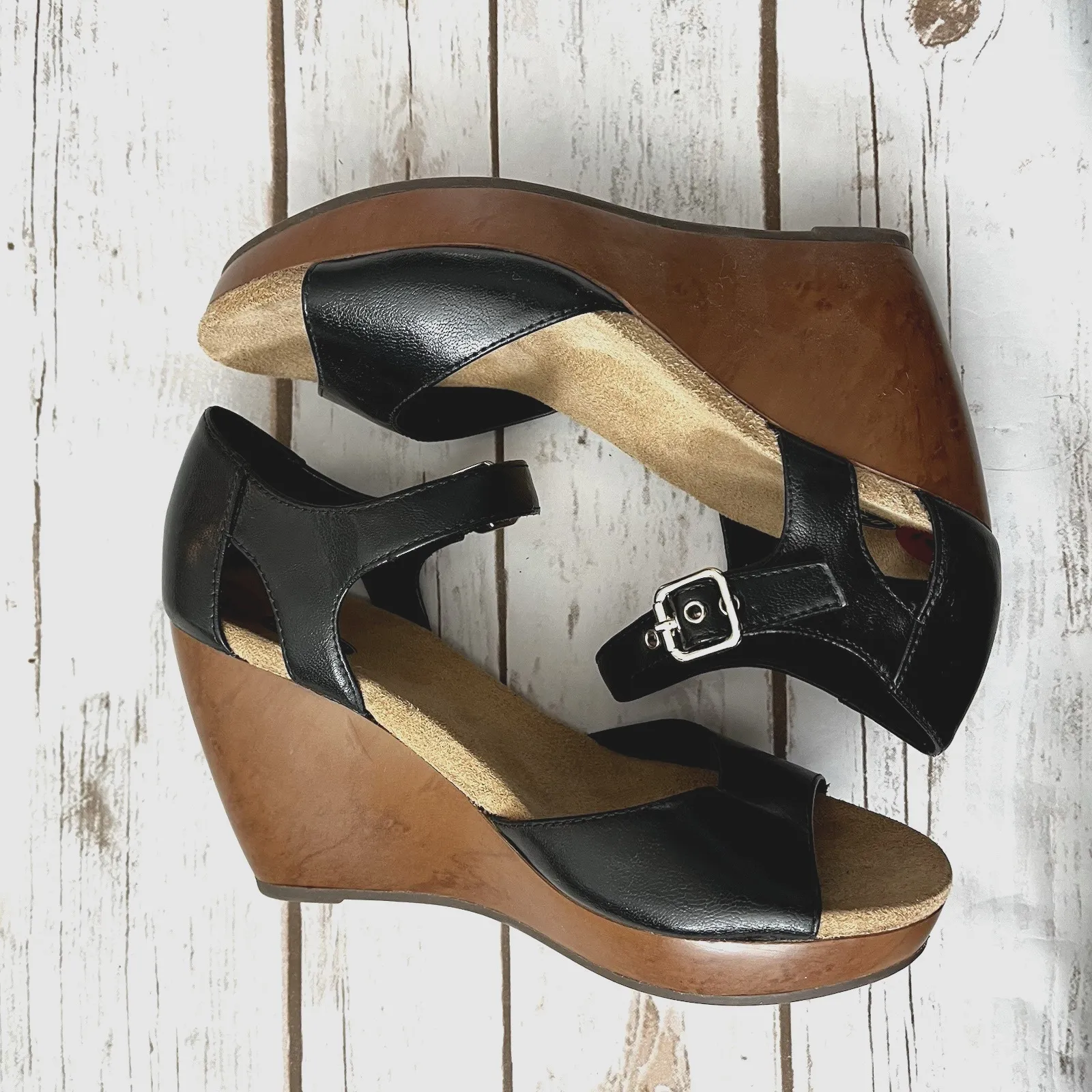 Dr Scholl's Wedge Heel Sandal Women US 6 EU 36 Black Faux Leather Ankle Strap - Image 7