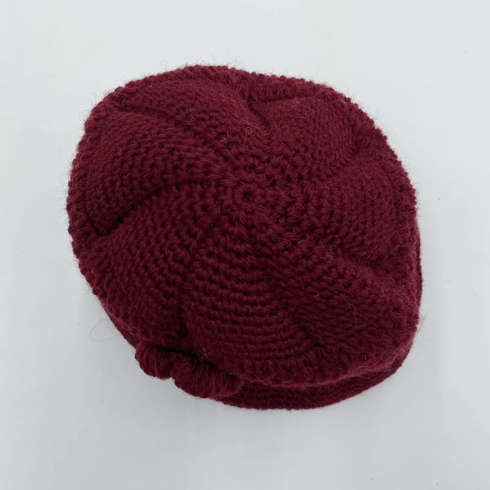 Hand Knit Adult Maroon Flower Accent Bucket Hat - Image 4