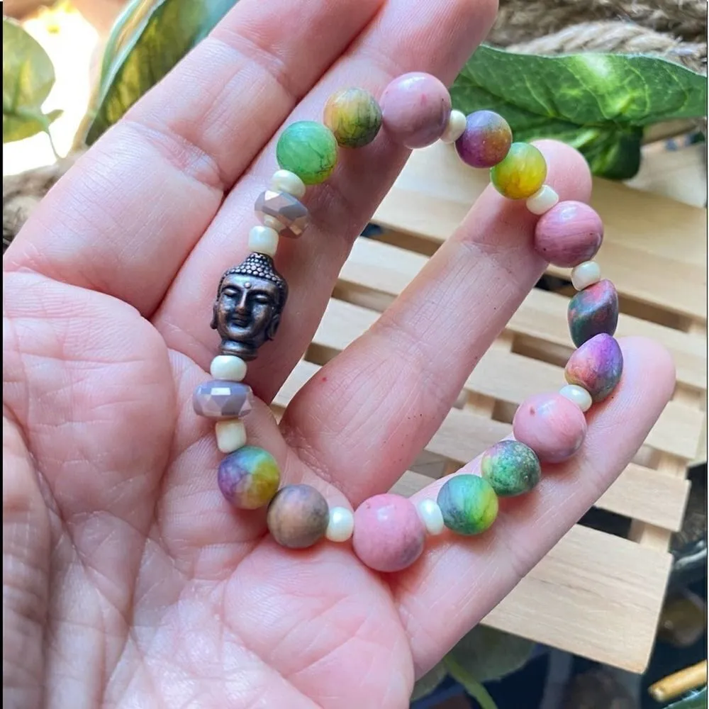 Handmade Buddha Mixed Genuine Gemstone Stretch Bracelet - Image 4