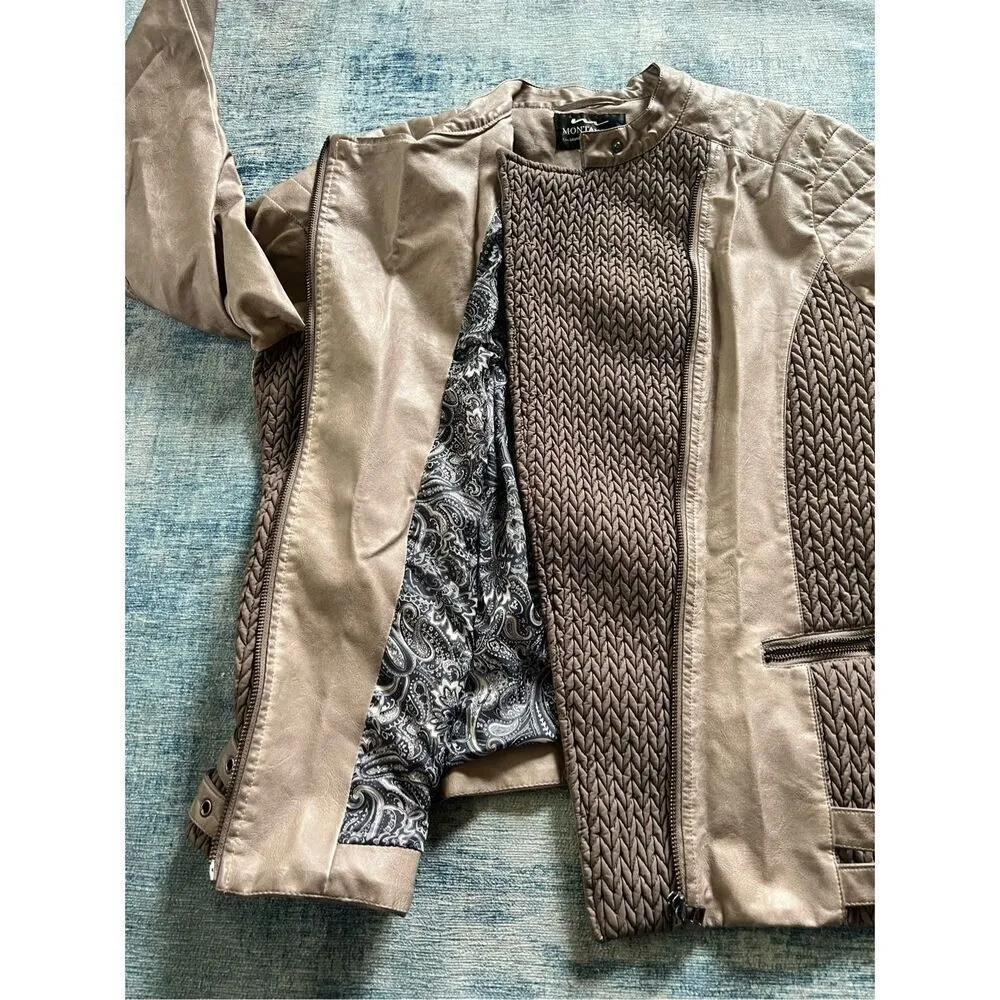Montanaco Tan Brown Faux Leather Moto Style Jacket with Cabled Panel Inserts XL - Image 5