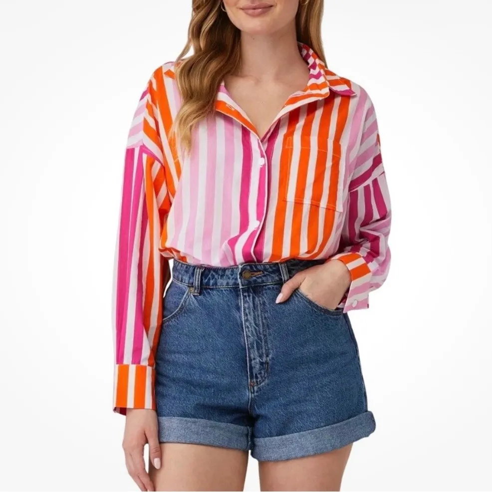 Beach Riot • Alexa Coverup Button Down Top Shirt Petite Large PL Sunset Stripes - Image 9