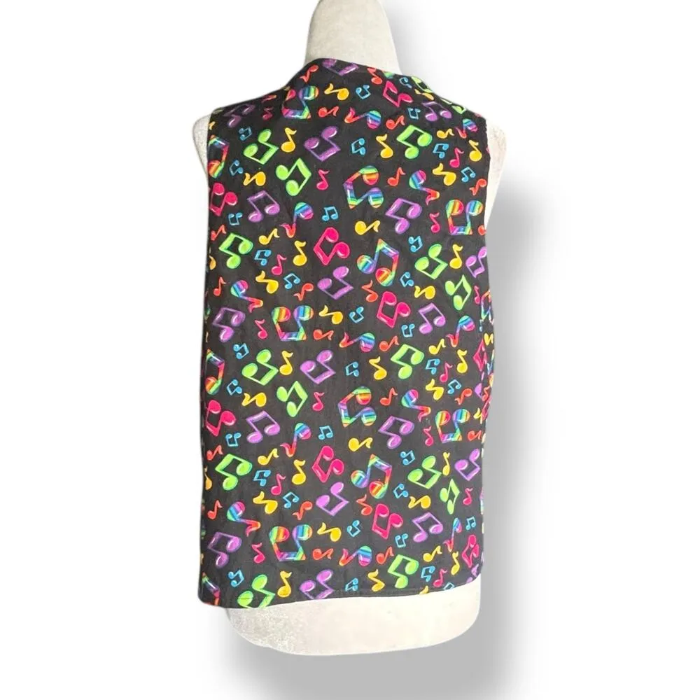 Vintage Handmade Reversible Rainbow Music Note Vest Black White Colorful Notes Size M - Image 5