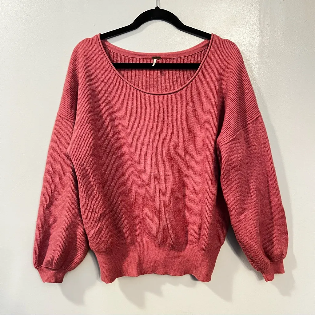 Free People Shadow Crew Balloon Sleeve Sweater Pink Ribbed Knit Boho Size M - Image 5