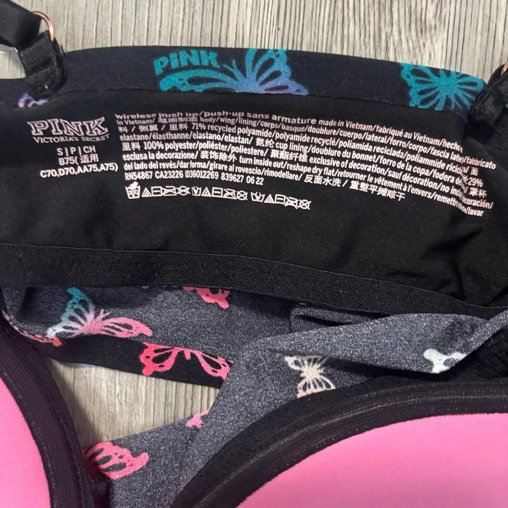 PINK Victoria's Secret Black Bra with Colorful Butterfly Print Wireless Push up - Image 3