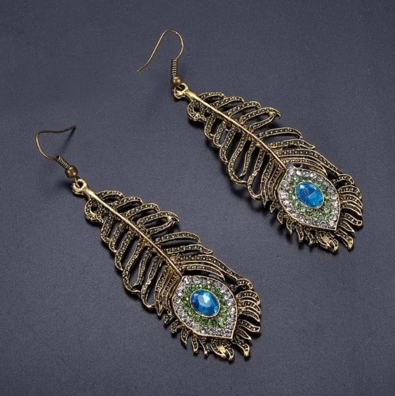 Peacock Feathers Rhinestone Dangle Earrings - Image 3