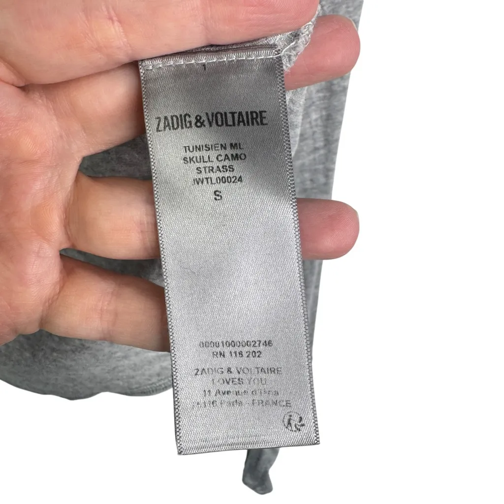 NWT Zadig & Voltaire Long Sleeve Bedazzled skull top grey Gray size Small - Image 7