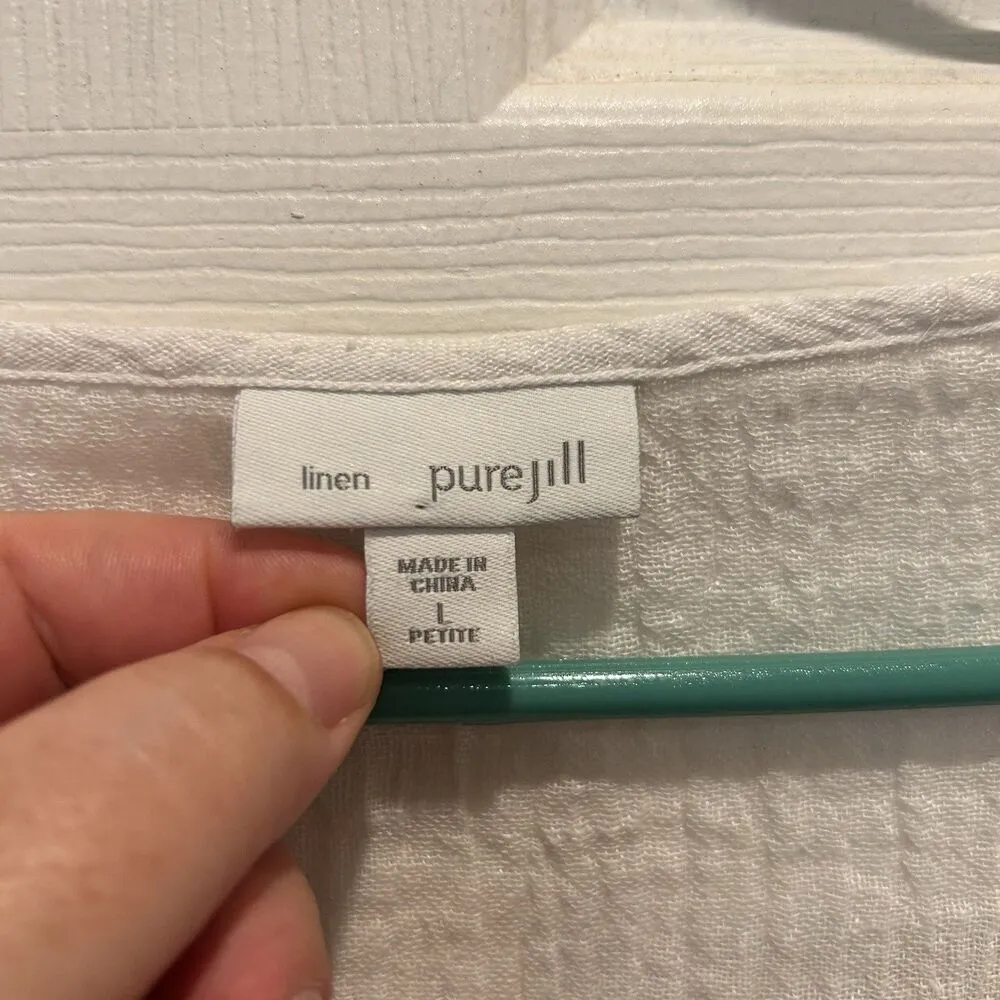 Pure J.Jill 100% Linen White Gauze Pintucked Blouse Petite L Buttoned 3/4 Sleeve - Image 4