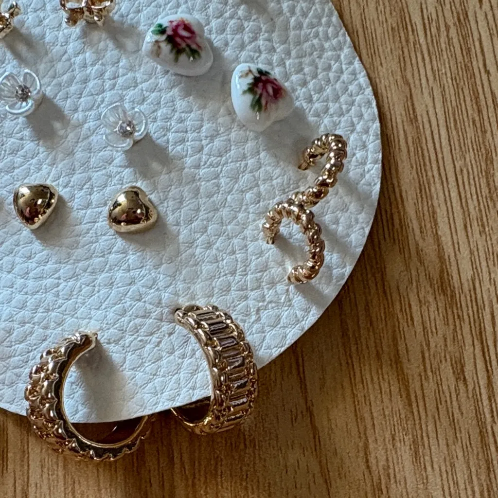 Rose Gold Heart and Floral Earring Set - Image 3