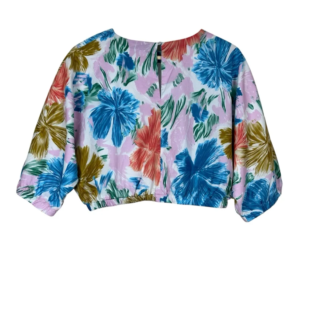 NWT Aureum Crop Top Womens M Pink Floral Puff Sleeve 100% Cotton Coastal Beachy Blue Size M - Image 4