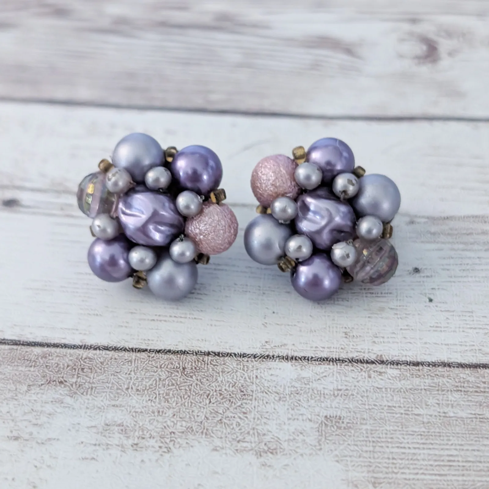 Vintage Clip On Earrings Pretty Purple Tones Large Cluster Statement - Image 2