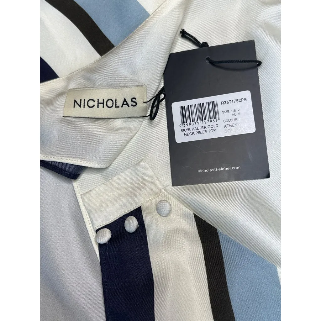 NICHOLAS Skye Halter Gold Neck Piece Top in Athens Scarf Sky White 2 New Womens - Image 10
