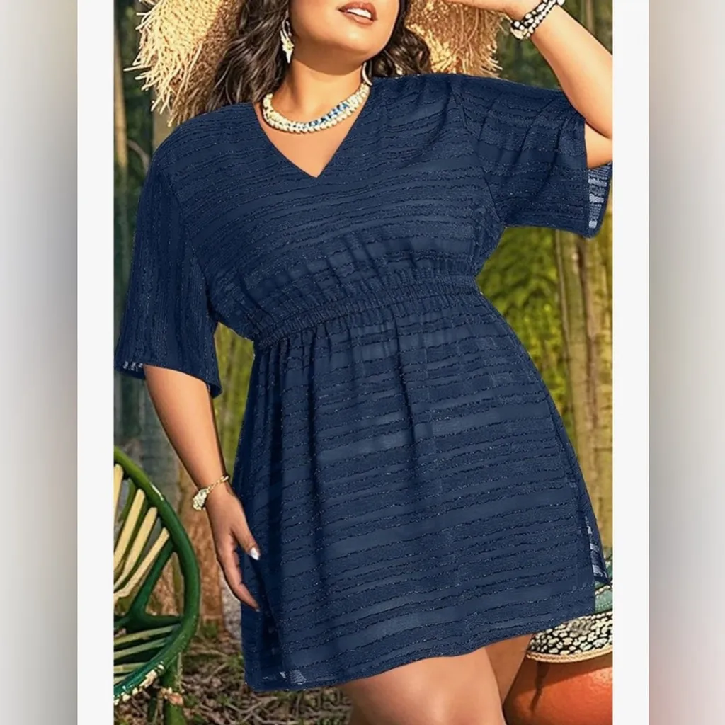 NEW Plus Size Swimsuit Cover Up V Neck Textured Coverups Swimwear Dress 22W Blue - Image 7