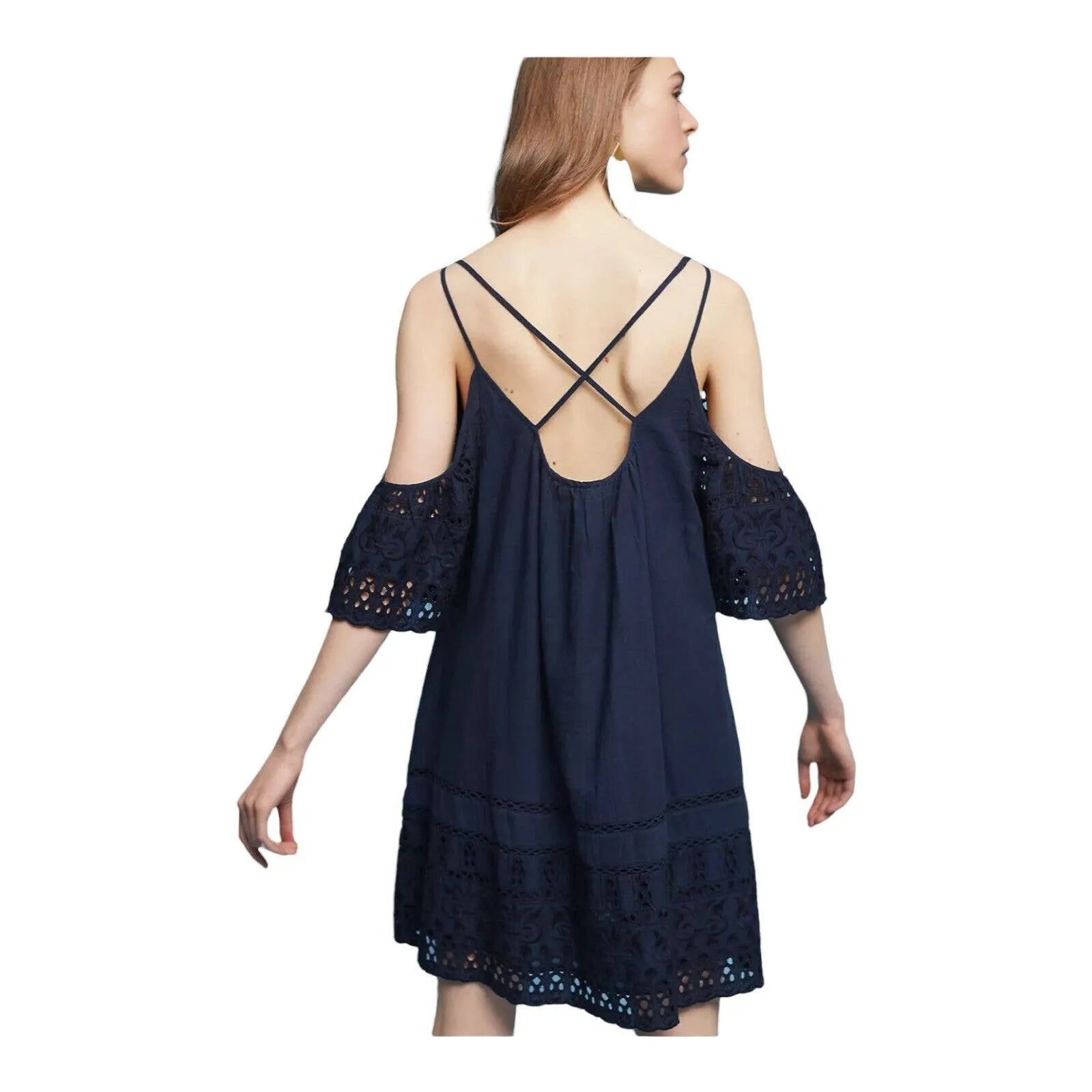 Anthropologie dRA Navy‎ Off Shoulder Eyelet Nancy Dress XS - Image 3