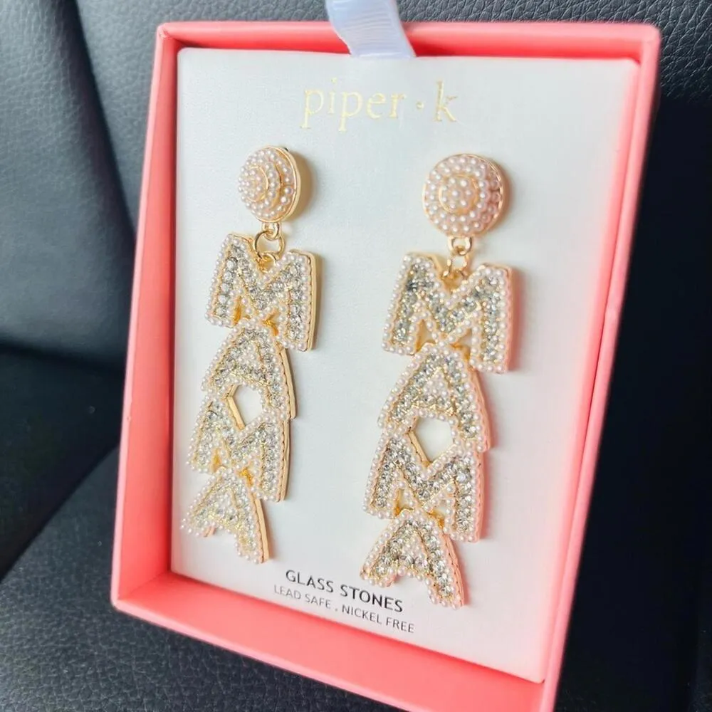 Piper K “MAMA” Statement Earrings with Glass Stones NWT Gold - Image 2