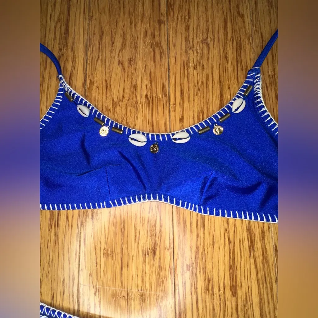 Blue Bikini Set with White Stitching - Image 2