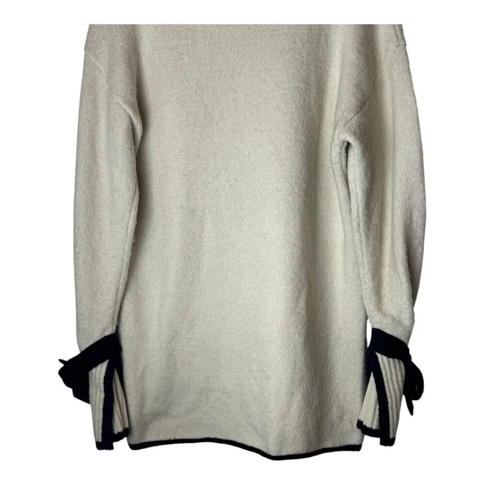 JOA Sweater Women Small Ivory Navy Blue‎ Trim Knit Hi Low Tie Sleeve Sweater - Image 6