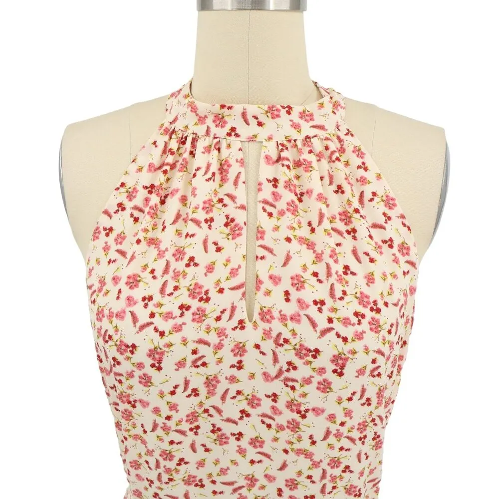A Loves A Pink Ivory Floral Sleeveless Keyhole Belted Dress L - Image 2
