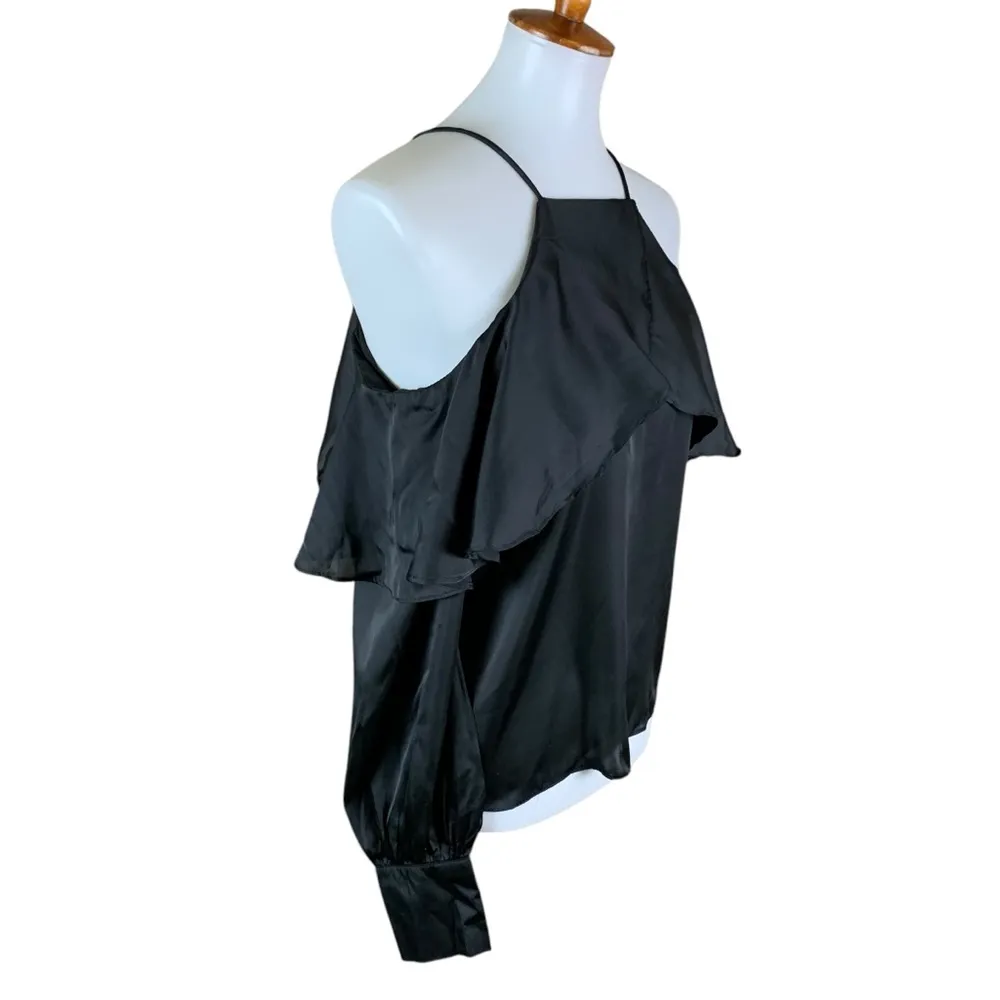 Haute Rogue Black Cold Shoulder Satin Ruffle Blouse Small Elegant Date Night NWT - Image 3