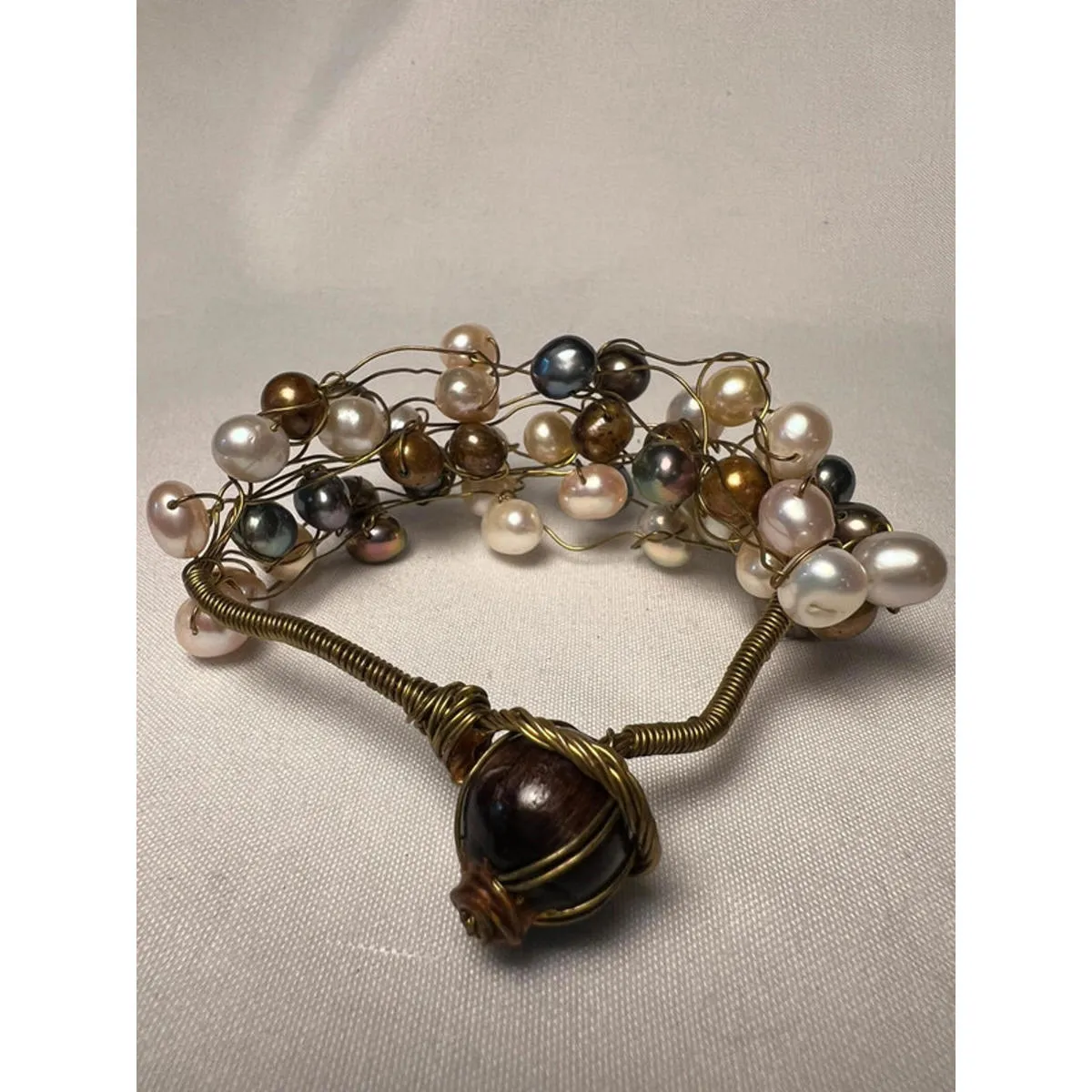 Freshwater Pearl Multicolor boho beachy Wire Wrap Cluster Woven Toggle Bracelet Gold - Image 4