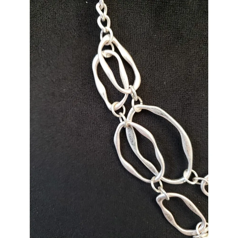 Silver Tone Hammered Link Statement Necklace Layered Geometric Chain Choker - Image 5