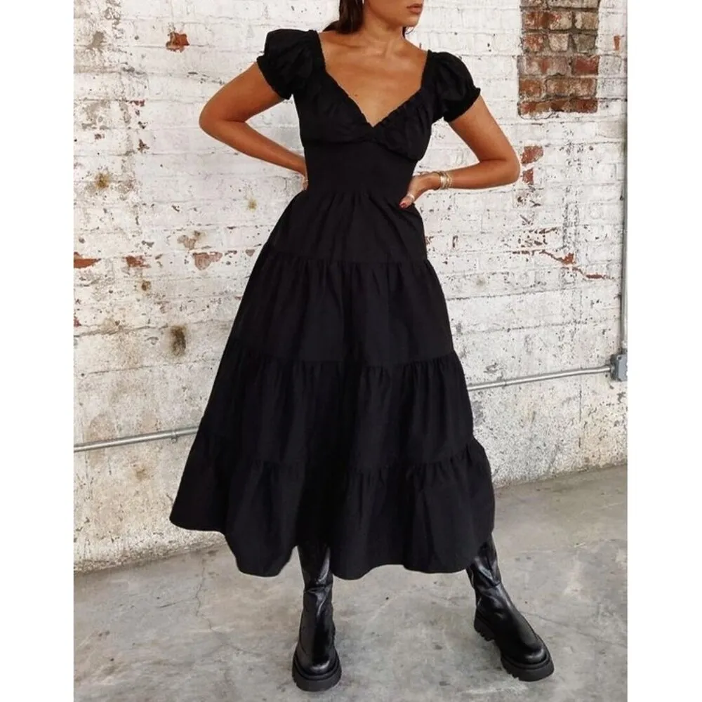 NEW We Wore What Poplin Midi Dress Smocked V-Neck Milkmaid Fit & Flare Maxi Long - Image 5