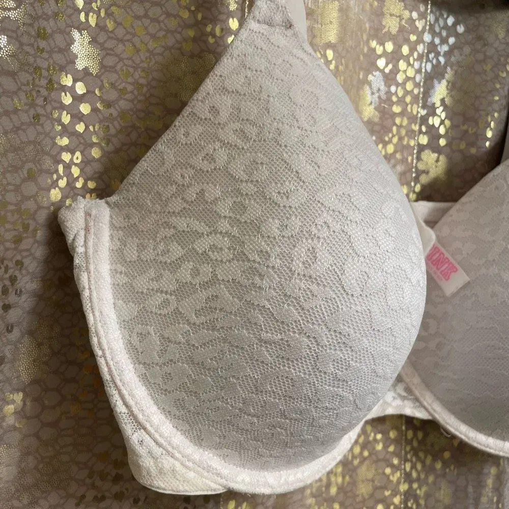 PINK Victorias Secret White Lace Wear Everywhere T-Shirt Lightly Lined Bra 36DD - Image 3