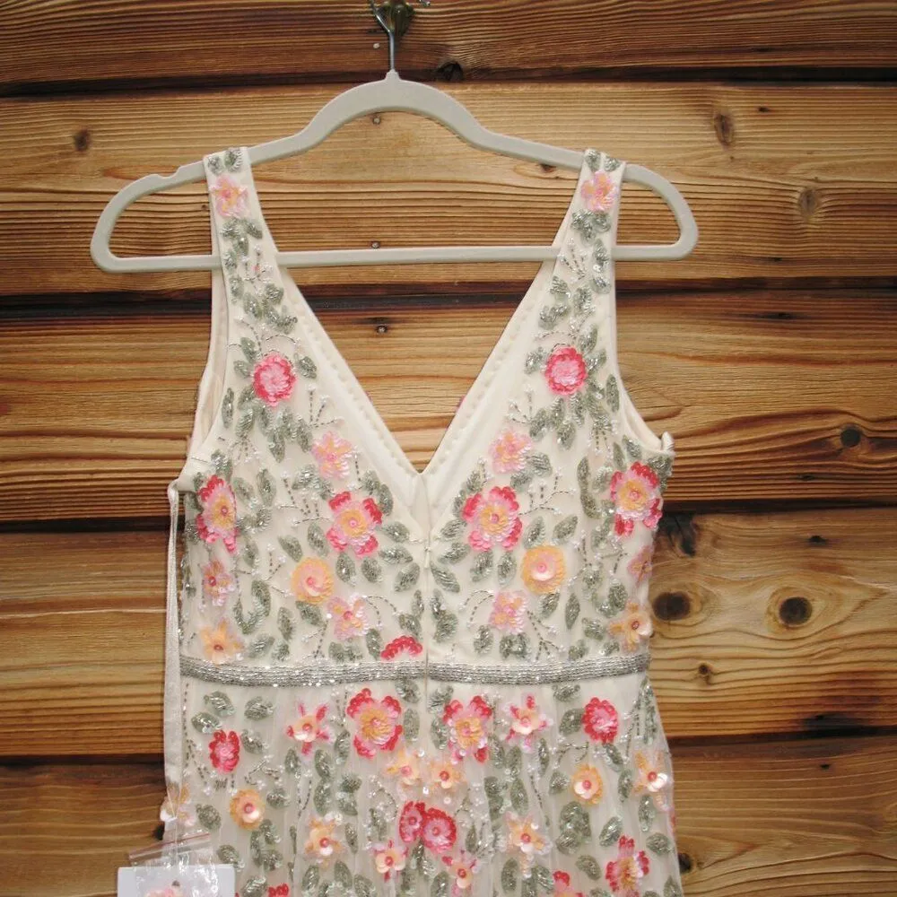 Mac Duggal 5527 Cream V-Neck Sleeveless Midi Floral Beaded A-line Dress $598 - Image 14