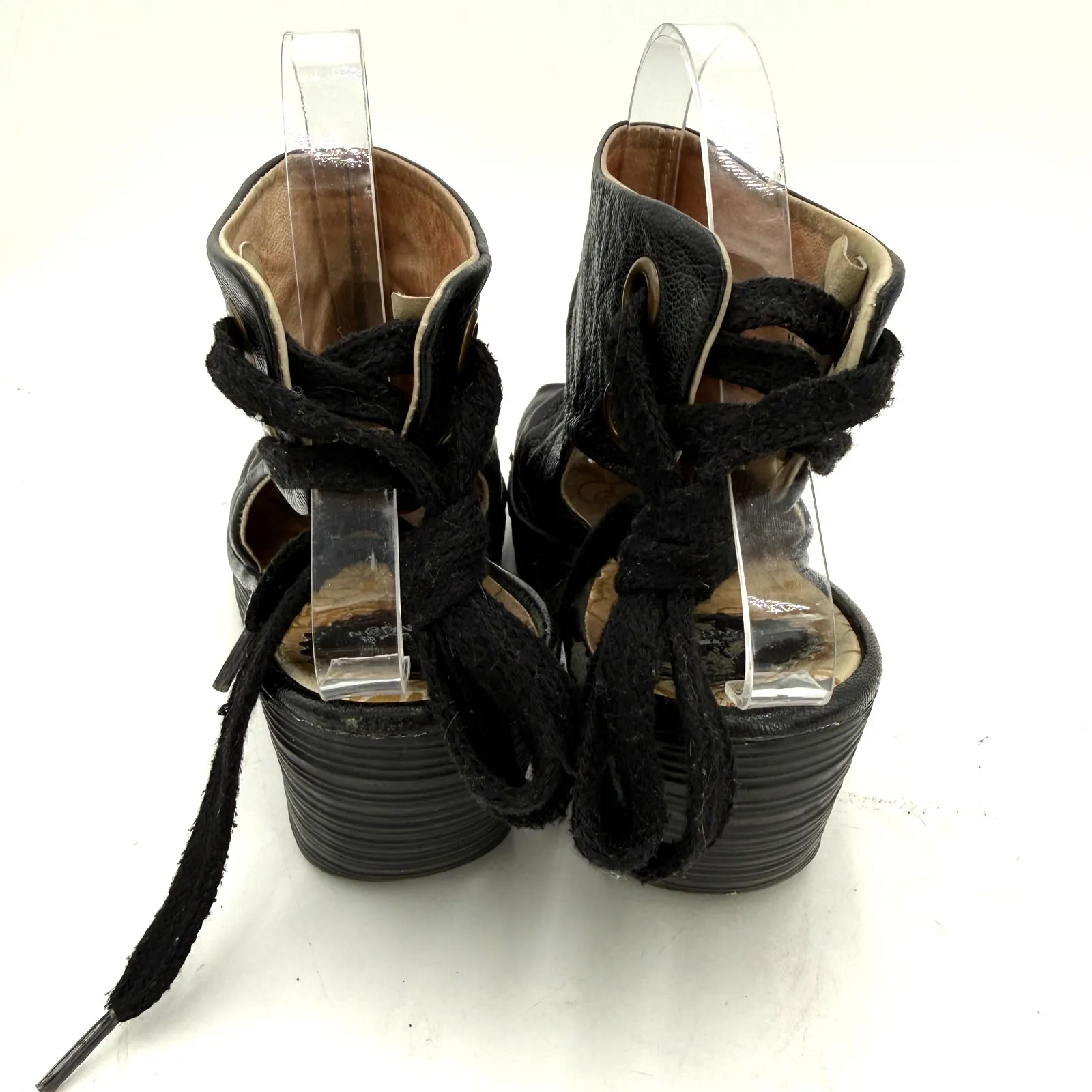 Fly London Black Leather Yema Peep Toe Wedge Heels Size 39 / 8.5-9 - Image 6