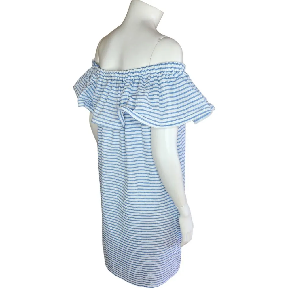 Revolve Line & Dot Dress Womens Large Lea Blue White Stripe Off Shoulder Ruffle - Image 75