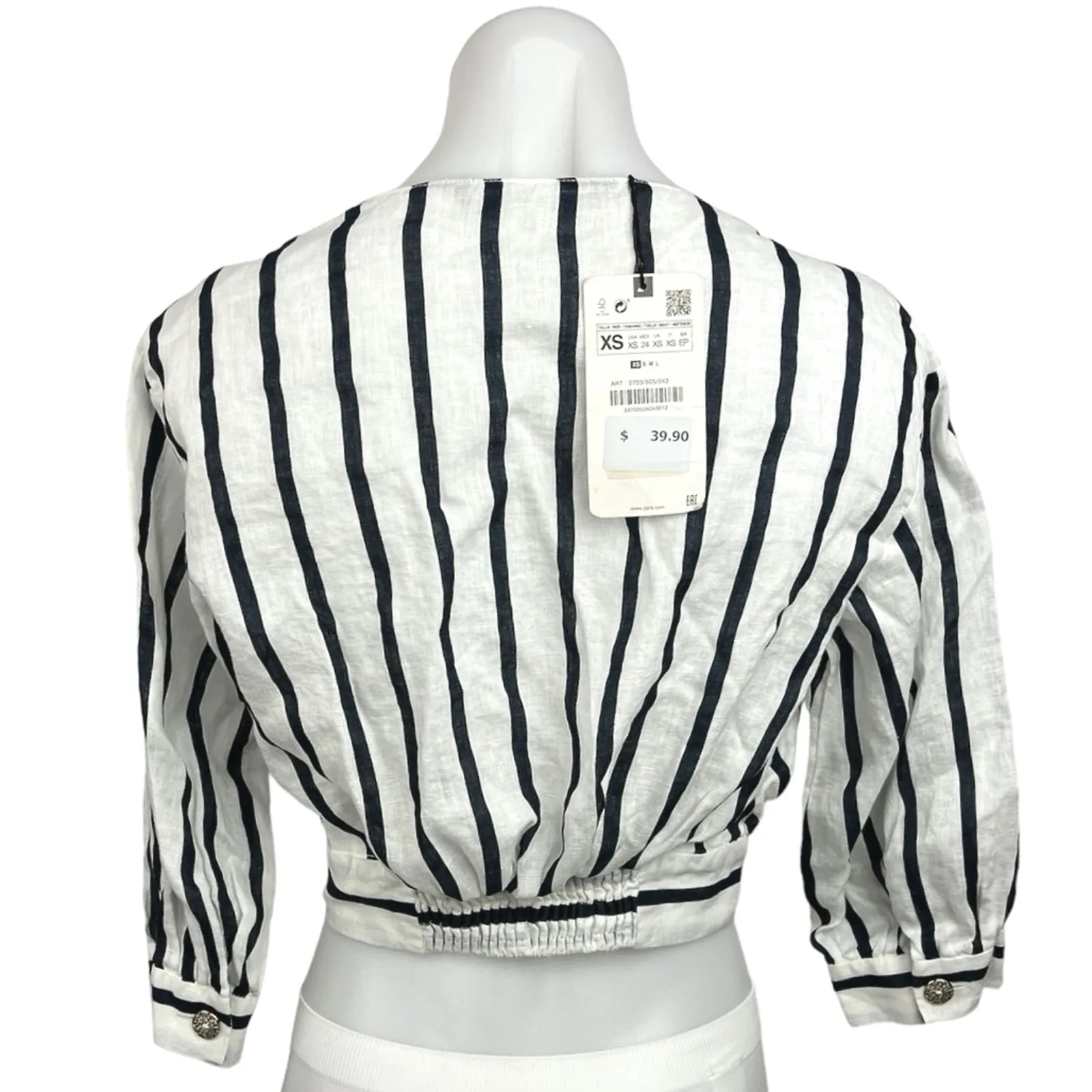 Zara NWT White Striped 100% Linen V-Neck Wrap Balloon Sleeve Blouse Crop Top XS - Image 2
