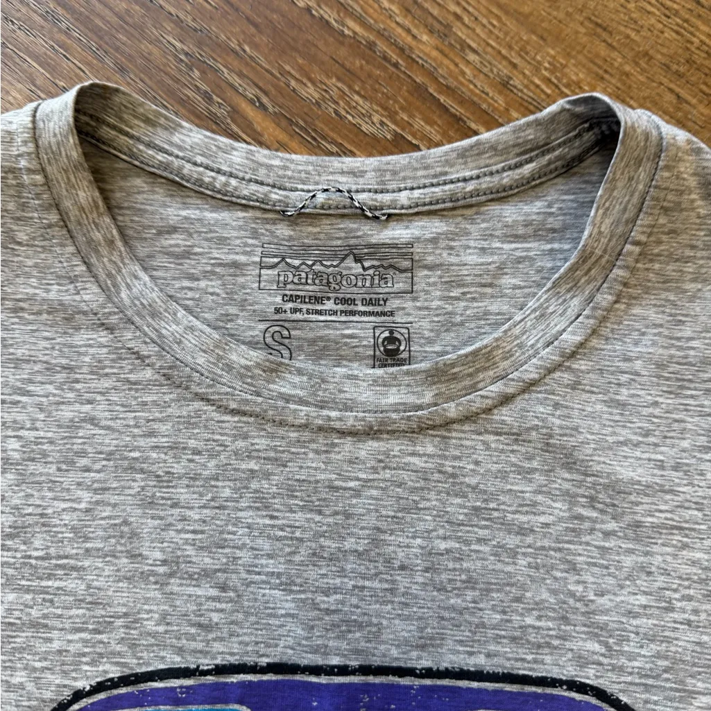 Patagonia Gray Long Sleeve Tee with Blue Graphic - Capilene Cool Daily - Image 3