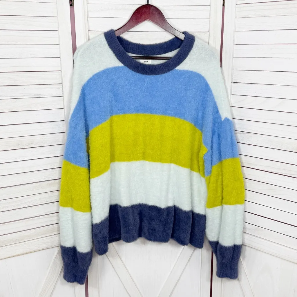 Aerie Flurry Rugby Stripes Fuzzy Oversized Crew Neck Sweater‎ Blue Green Medium - Image 10