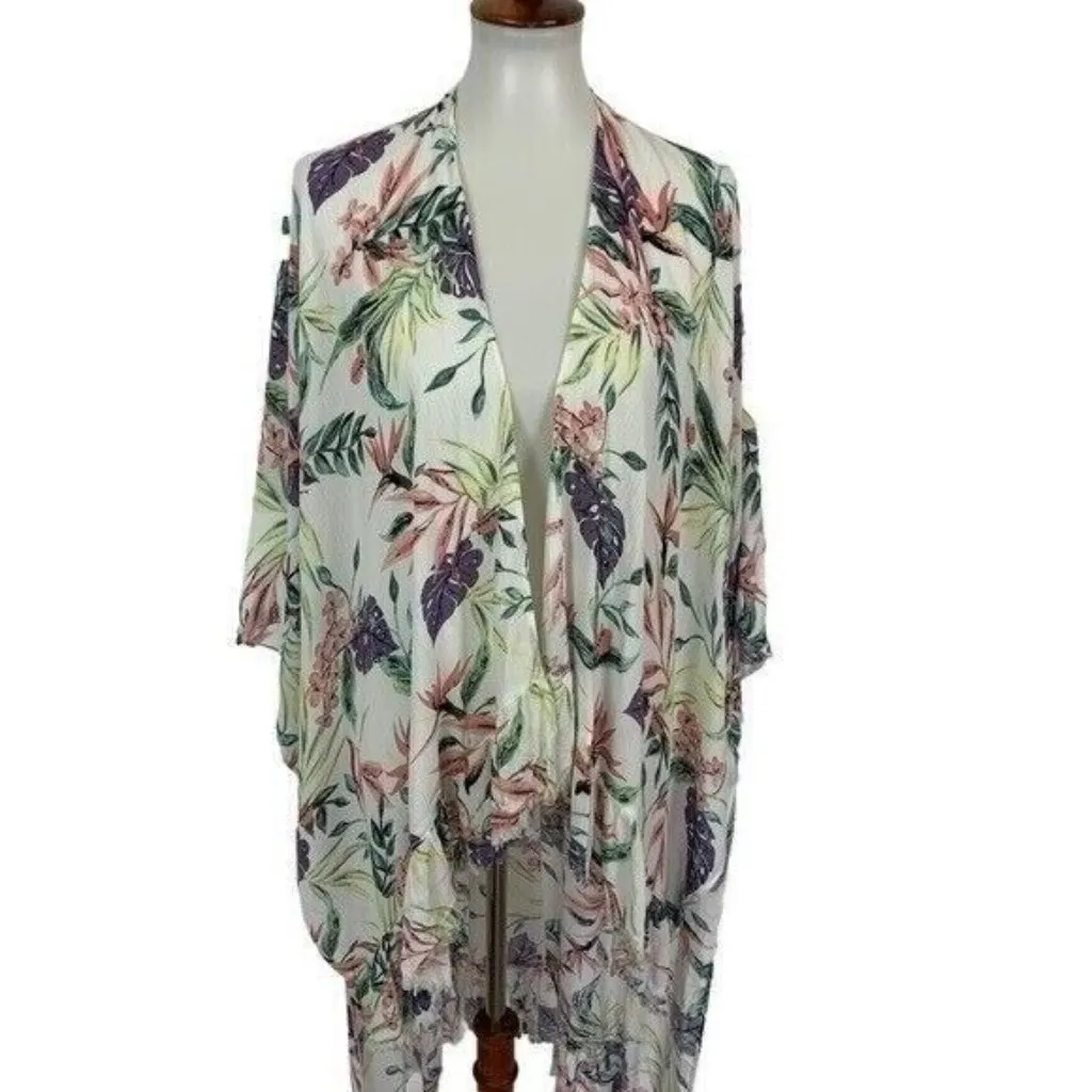Umgee Kimono Cardigan Medium Large Floral Boho Fringe Sheer Layer - Image 2