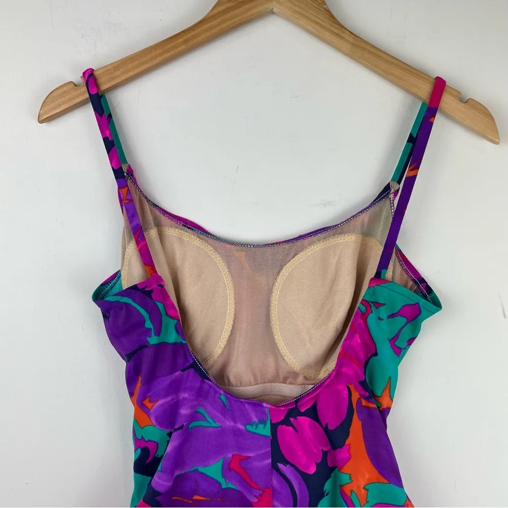 Vtg Y2K Abstract Swim One Piece Sz 16 High Cut Neon Floral Print Ruched Pink - Image 8
