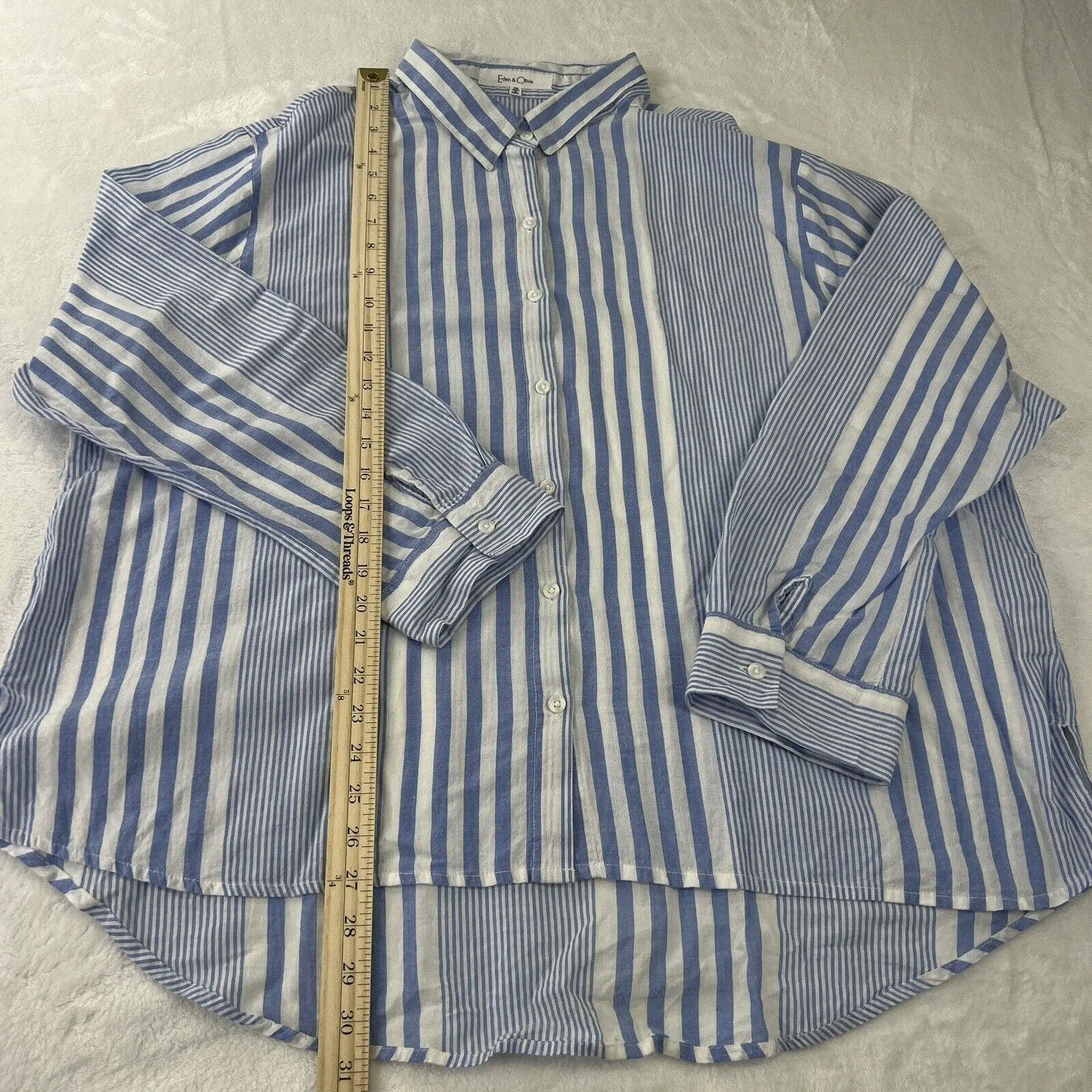 Eden & Olivia Shirt Women 3XL Blue White Stripe Roll Tab Sleeve Collar High Low - Image 9