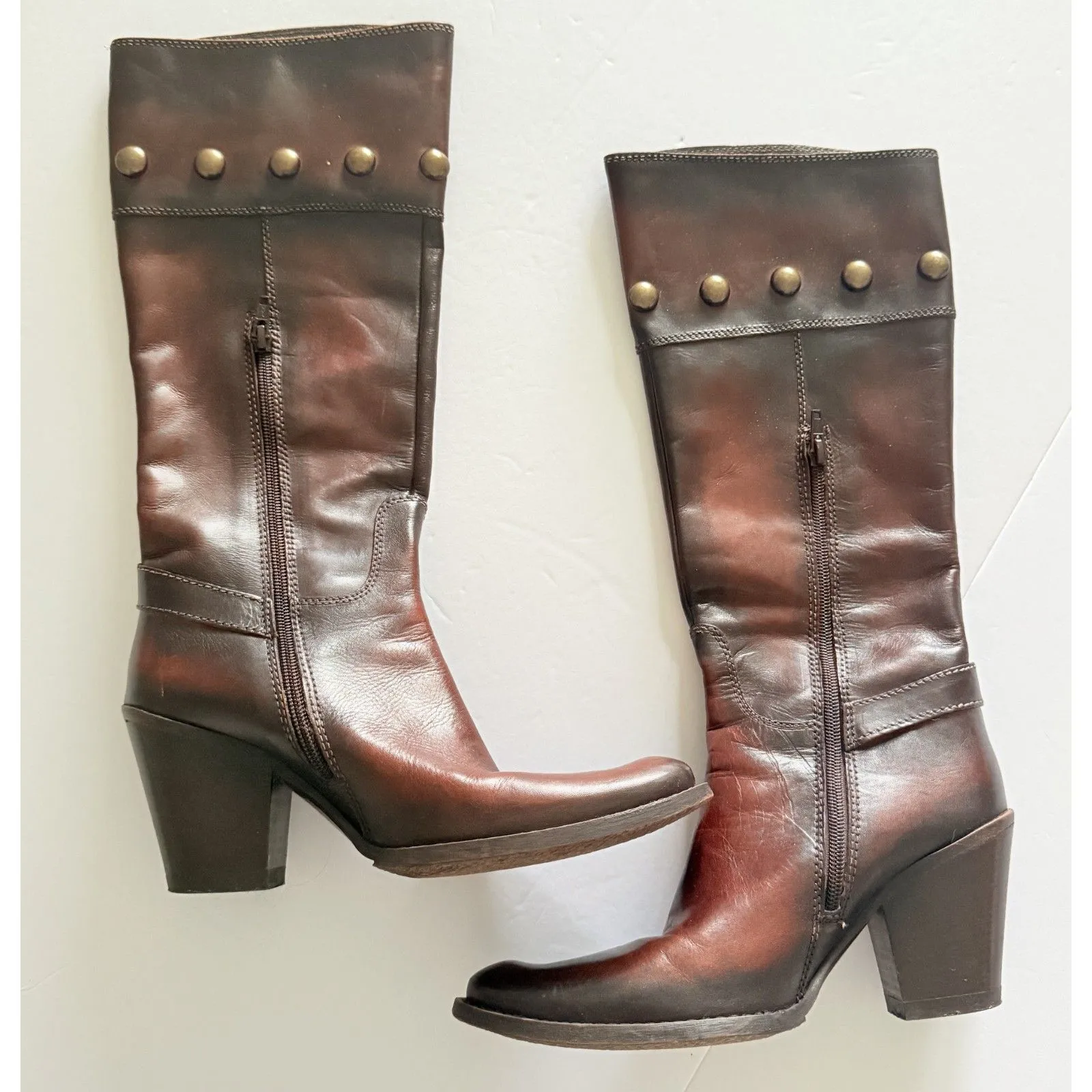 Vintage Nana Wester Studded Side Zipper 3" Block Heel Boots Sz 38 (7.5) Brown - Image 3
