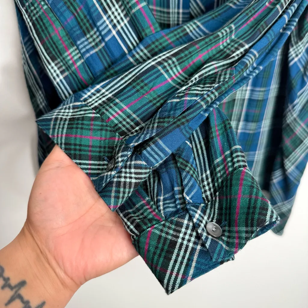 J. Jill Shirt Blue Green Plaid Button Up V Neck Rayon Long Sleeve‎ Size XL - Image 8