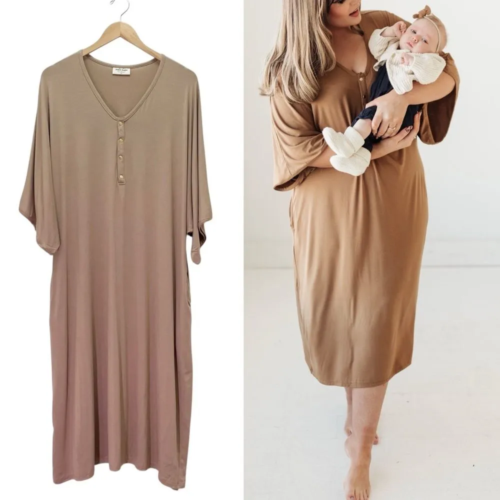 Dwell & Slumber House Dress Size M/L Tan Neutral Gold Snap Caftan Lounge Nursing Size L - Image 9
