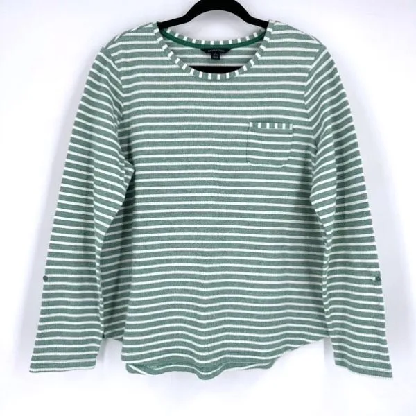 Lands' End Women’s Kelly Green Striped LS Top‎ W/ Chest Pocket Textured Size L - Image 3