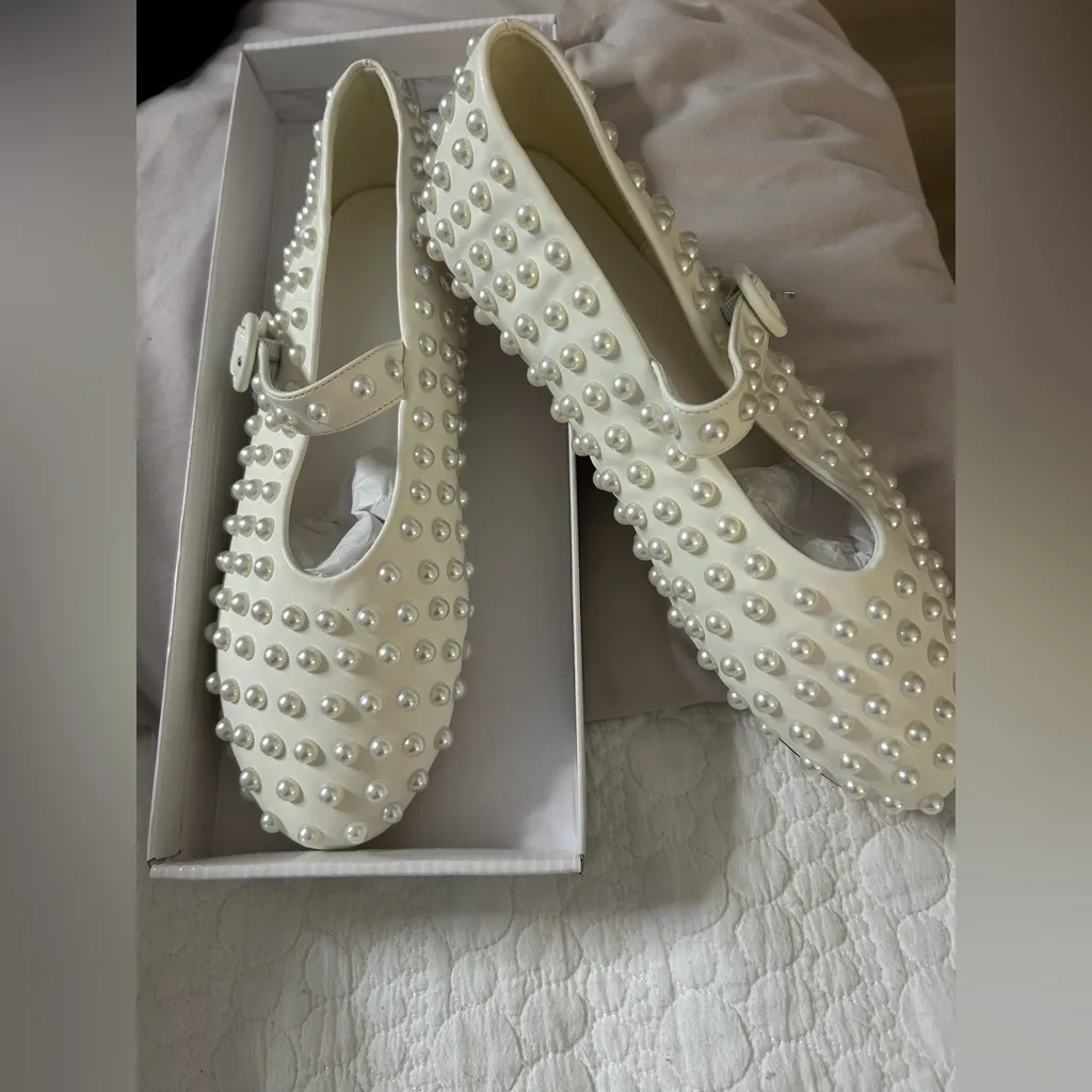 NEW Pearl Mary Jane Ballet Flats Buckle Strap Ballerina Shoes Comfortable 8.5 White - Image 4