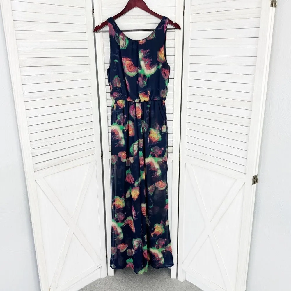 Astr the Label Abstract Print Sheer Wide Leg Jumpsuit Navy Blue Medium - Image 9
