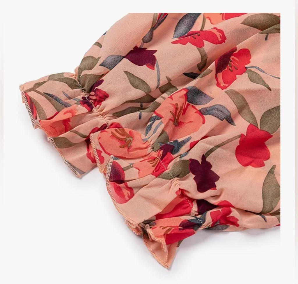 NEW Peach Floral V-Neck Chiffon Formal Long-Sleeve Maxi Dress L - Image 6