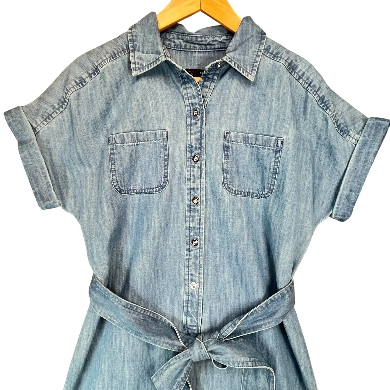 Talbots Denim Dress Women's Light Wash Short Sleeve‎ Belted Pockets Size 2 - Image 3