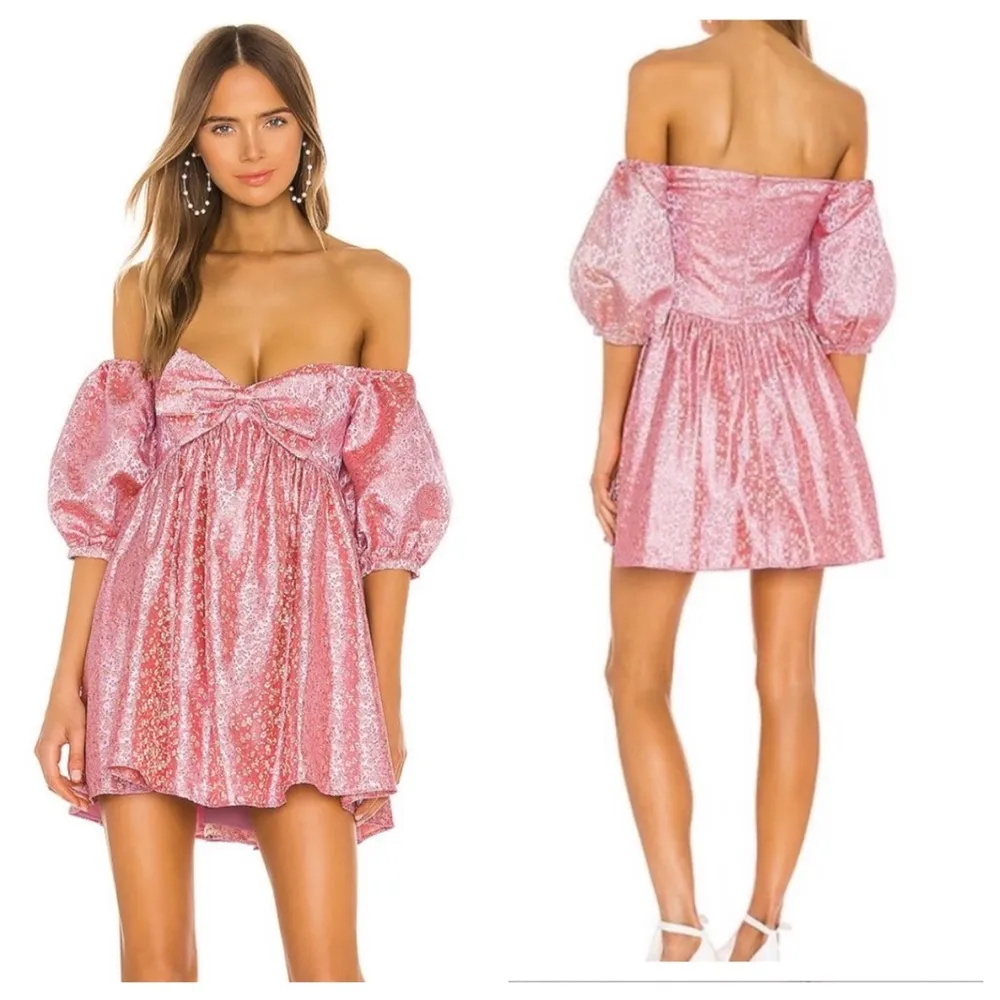 SAU LEE Arabella Mini Dress in Candy Pink Jacquard Floral Bow Puff Sleeve US 8 - Image 4