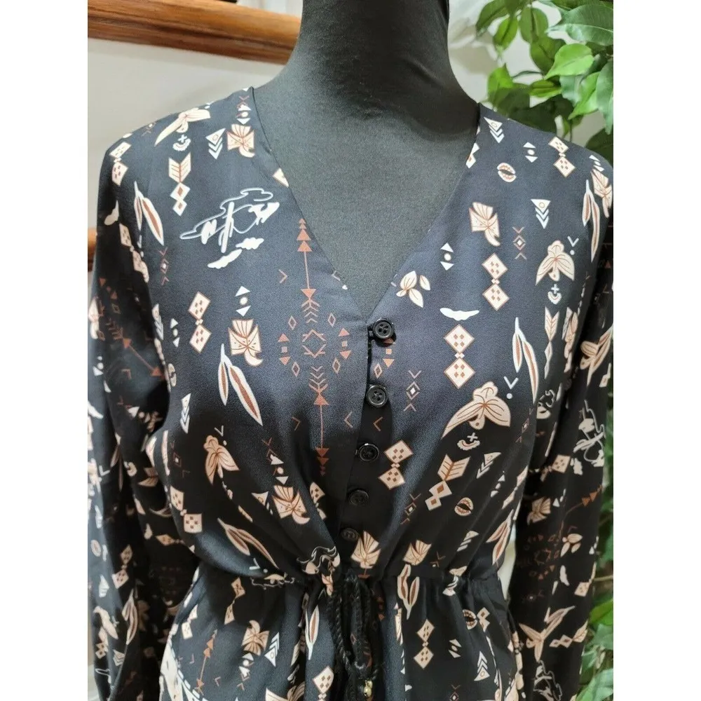 Zaful Women's Black 100% Cotton V-Neck long Sleeve Knee Length Dress Size Medium - Image 5