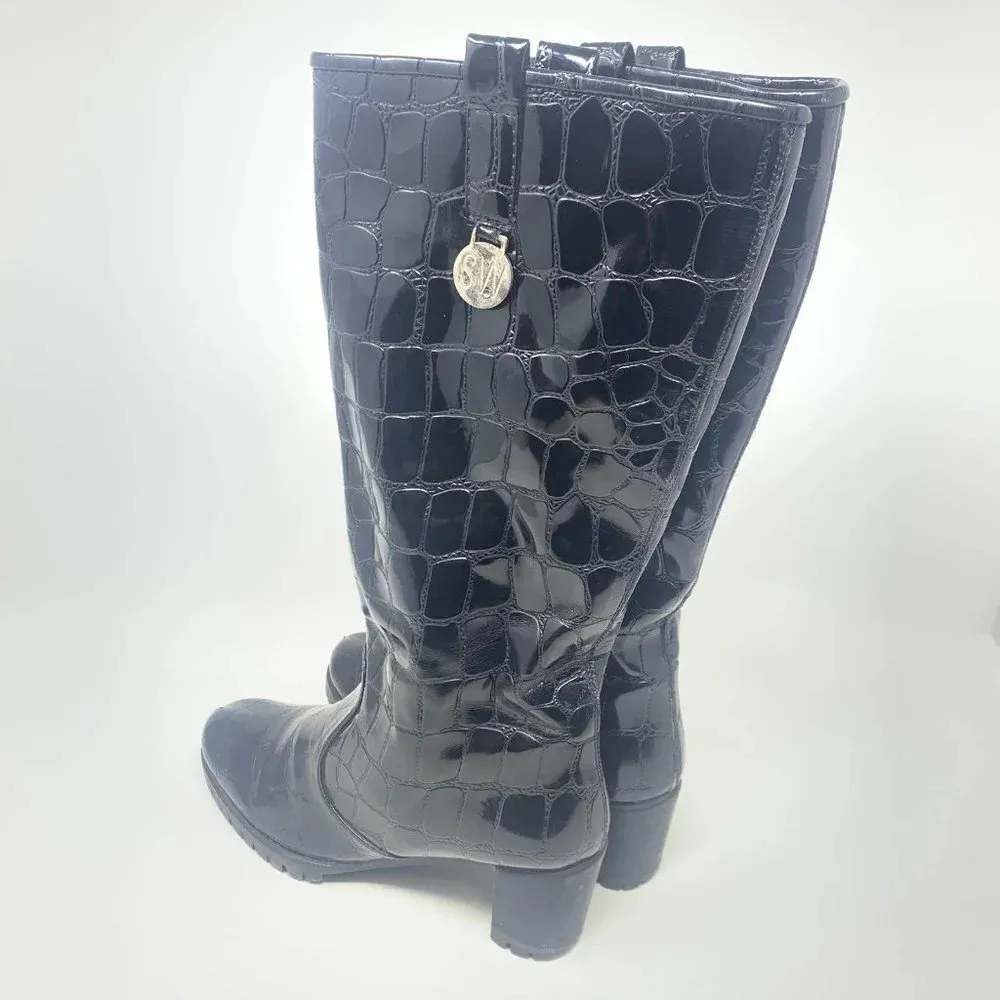 Stuart Weitzman Black Croc Leather Heeled Boots‎ Size US 6 - Image 8