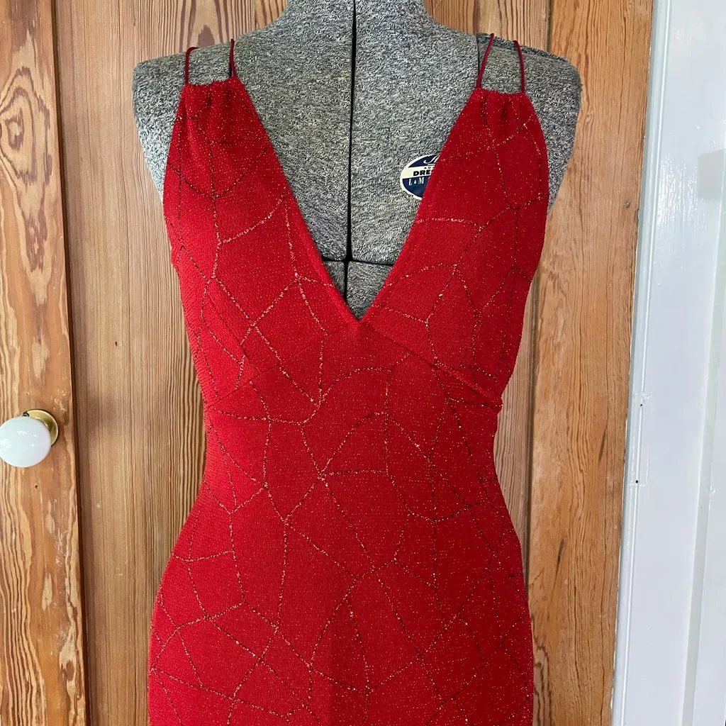 J USA Red Beaded Strappy Back Y2K Maxi Evening Dress Vintage 90’s Sz Large💛🍄 - Image 4